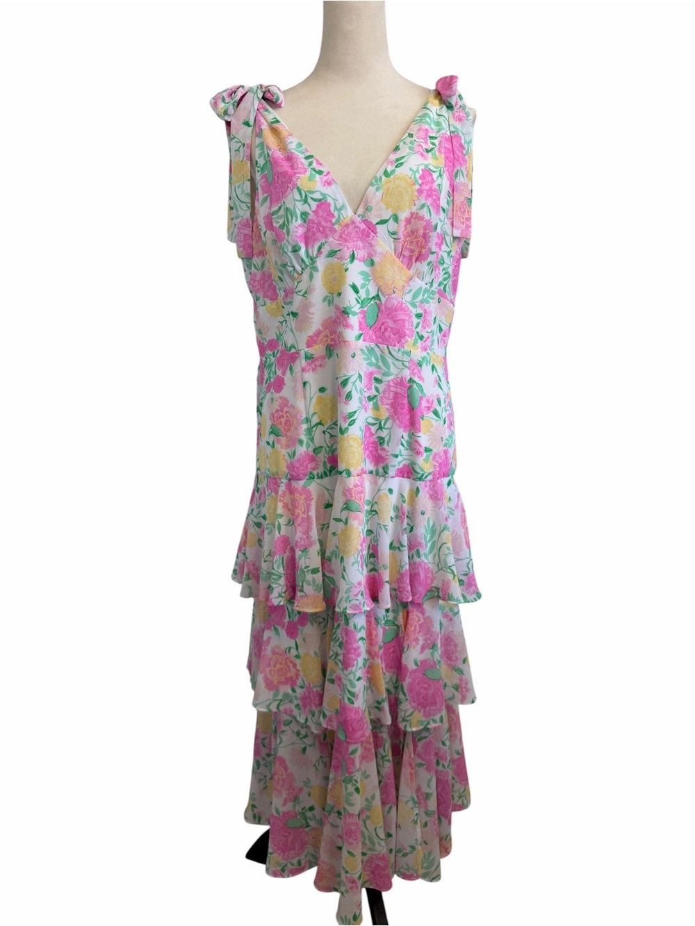 Wayf Pink & Butter Yellow Floral Bow Maxi Dress with Tiered Ruffles